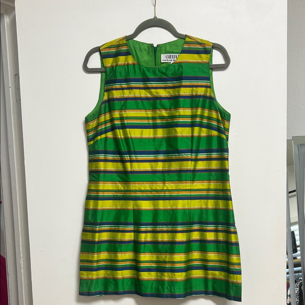 Chetta B Green Blue Yellow Striped Silk Sleeveless Tunic Mini Dress Size 10